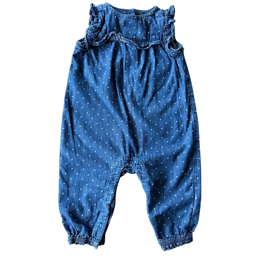 Gap Denim Polka Dot Ruffle Romper Baby 6-12M Chambray Jumpsuit
